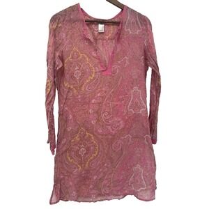 Tommy Bahama Cotton Paisley Tunic Top S Pink Women Long Sleeve Boho Cover Up